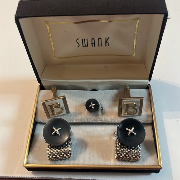 Vintage Swank Cufflinks B Monogram 5 piece set Black Silver Rare - Picture 5 of 5